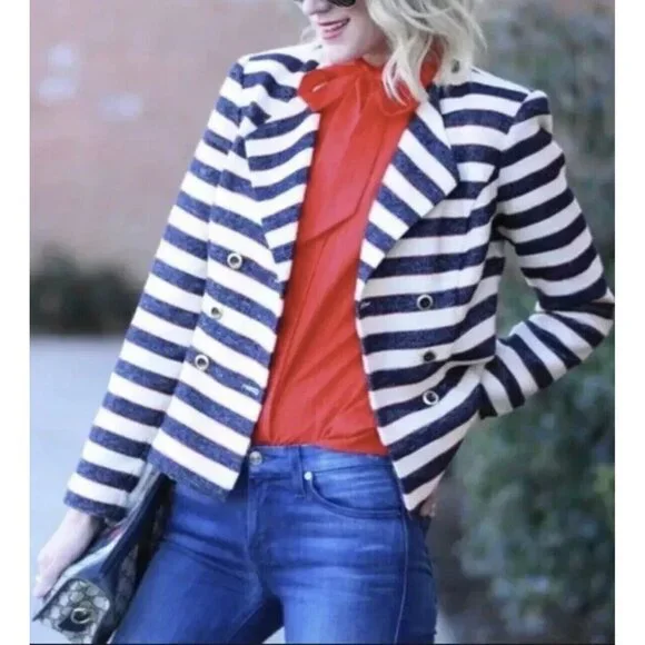 Cabi Cruise Jacket 6 Nautical Stripe Navy Blue Tweed Double Breasted Blazer - Picture 2 of 13